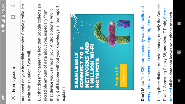 A Project Fi display ad on an article about Google's insane targeting prowess