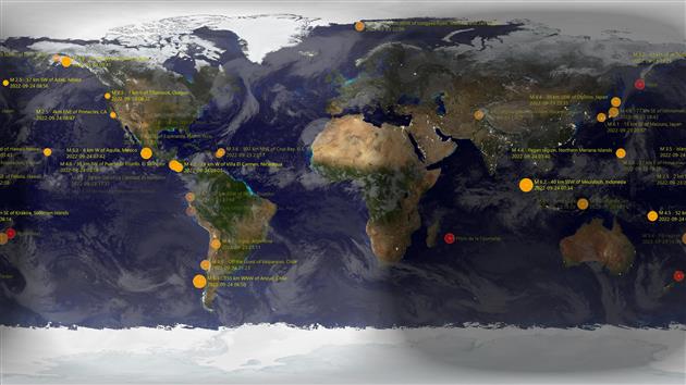 Catfood Earth Satellite Composite Image of Earth including Volcanoes and Earthquakes