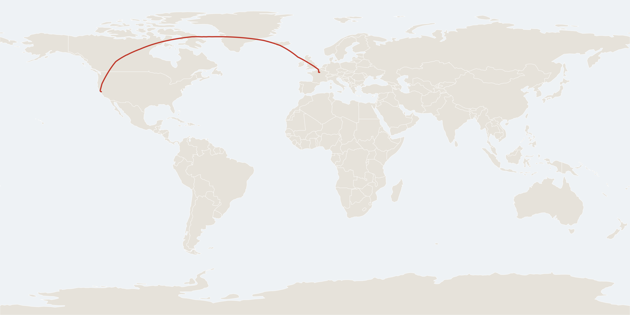 Flight track from Paris to San Francisco