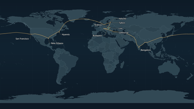 GPS track circumnavigating the globe, SFO NRT BLR MUC BUD KRK HEL TLL CPH BOS MSY