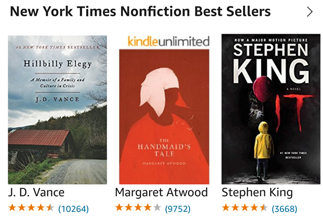 Kindle New York Times Nonfiction Bestsellers including Stephen King and Margaret Atword