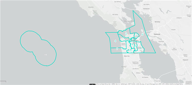 Map of San Francisco Board of Supervisor Districts including the Farallon Islands