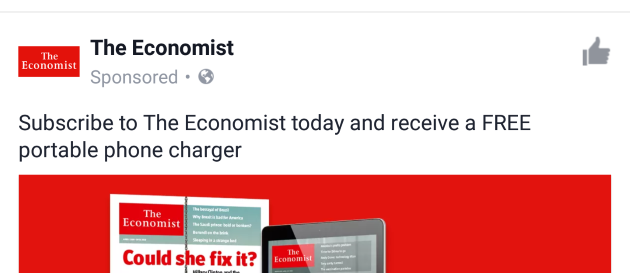 Subscribe to The Economist today and receive a FREE portable phone charger - ad seen on Facebook