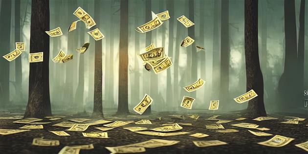 Illustration of money in a burned out forest