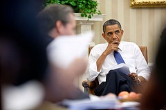 President Barack Obama meets with staff to discuss ongoing efforts to find a balanced approach to the debt limit and deficit reduction, in the Oval Office, July 11, 2011. (Official White House Photo by Pete Souza)